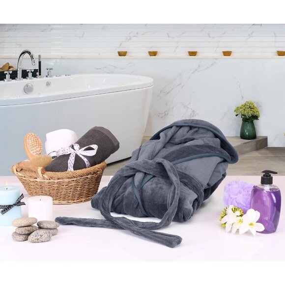 Mens Robe with Hood Luxury Plush Fleece Hooded Bathrobe Spa Bath Robe for Men - Picture 7 of 7